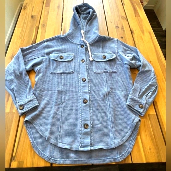 American Eagle Womens Slate Blue Waffle Knit Utility Shacket with Hood Size Xs - Picture 1 of 4
